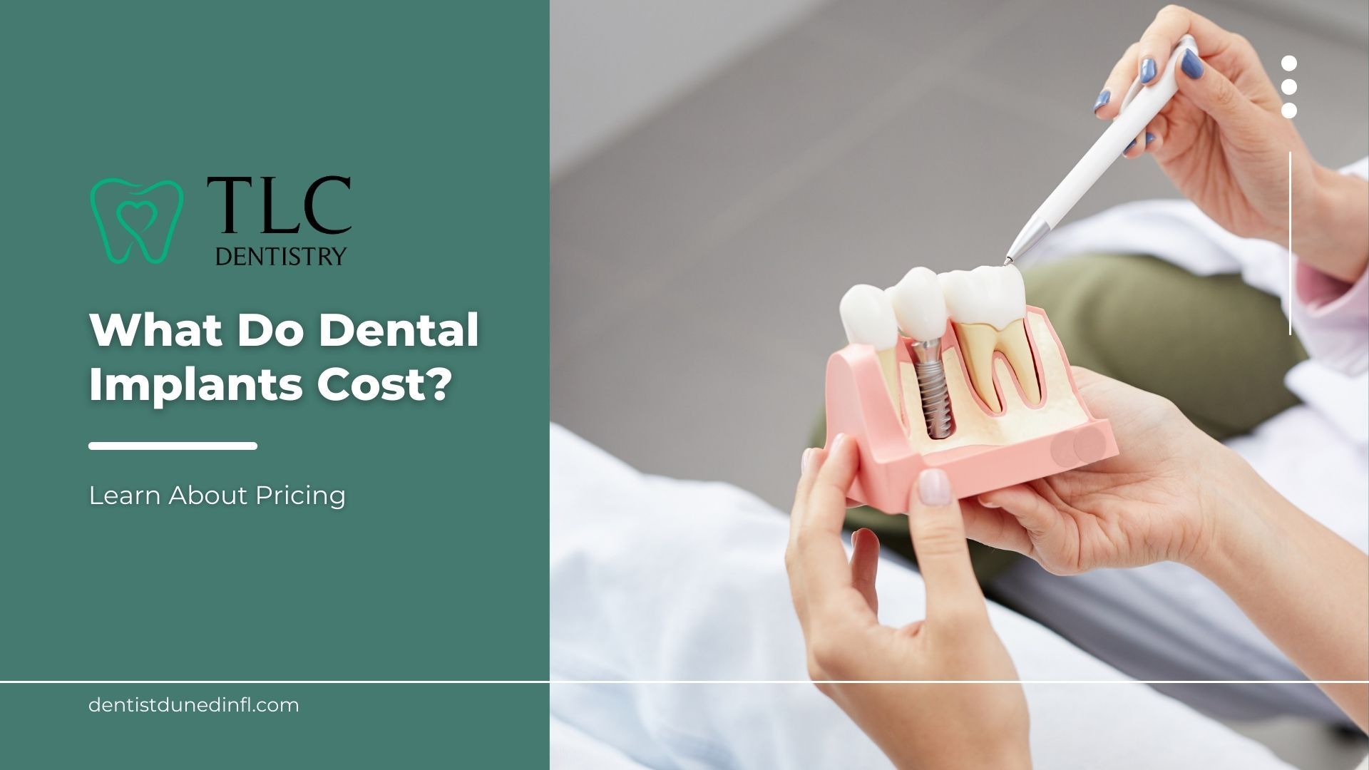 A person is holding a model of a tooth with dental implants.