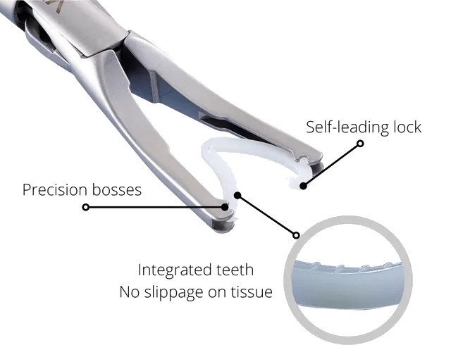 Locamed polymer clip applier with polymer clip in jaw, close-up