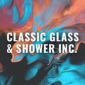 Classic Glass & Shower Inc. logo on an abstract background of swirling blue, orange, and black colors.