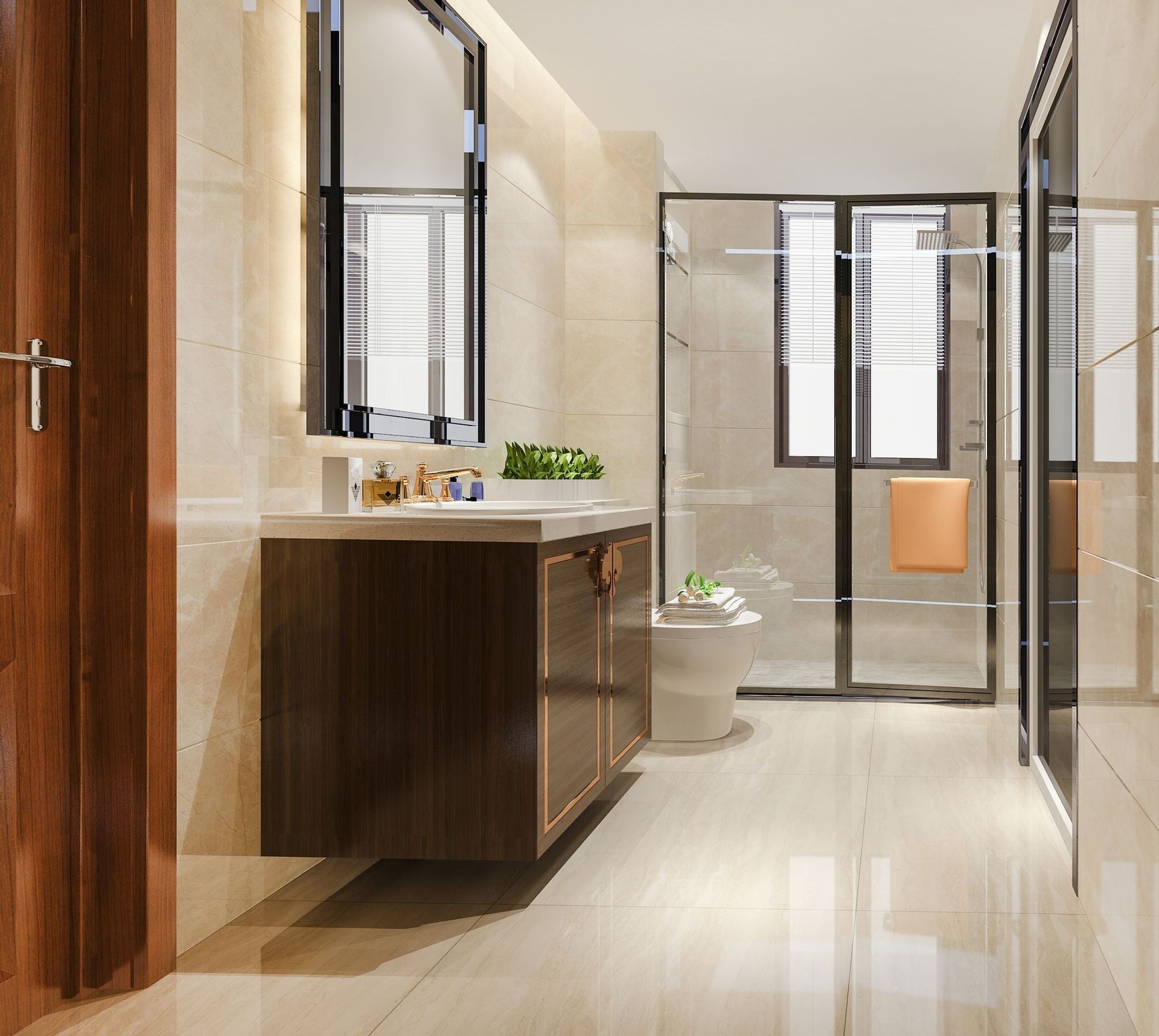 Modern bathroom with floating vanity, glass shower, and large mirror.