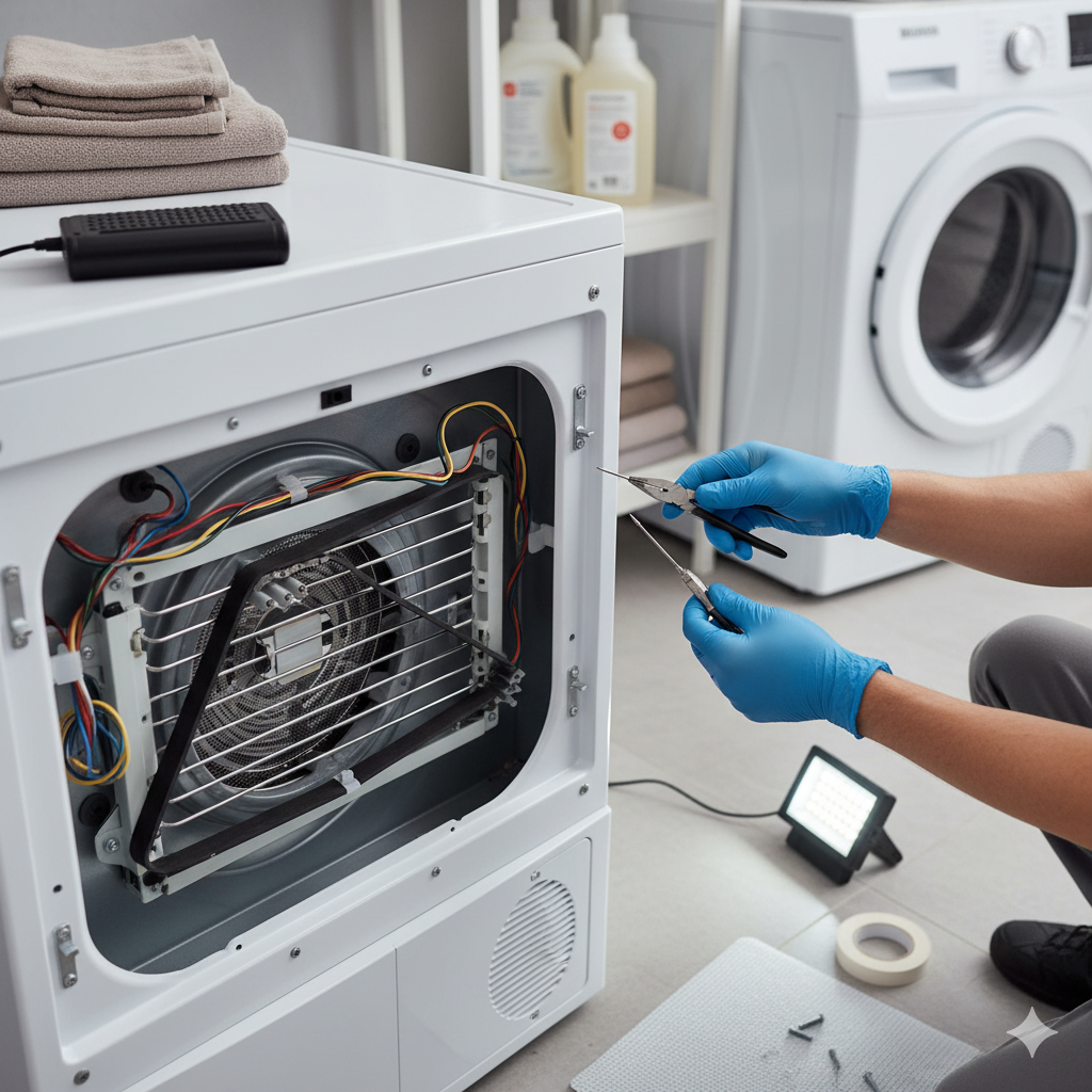 Person in blue gloves repairs a washing machine, tools nearby, in a laundry room setting.