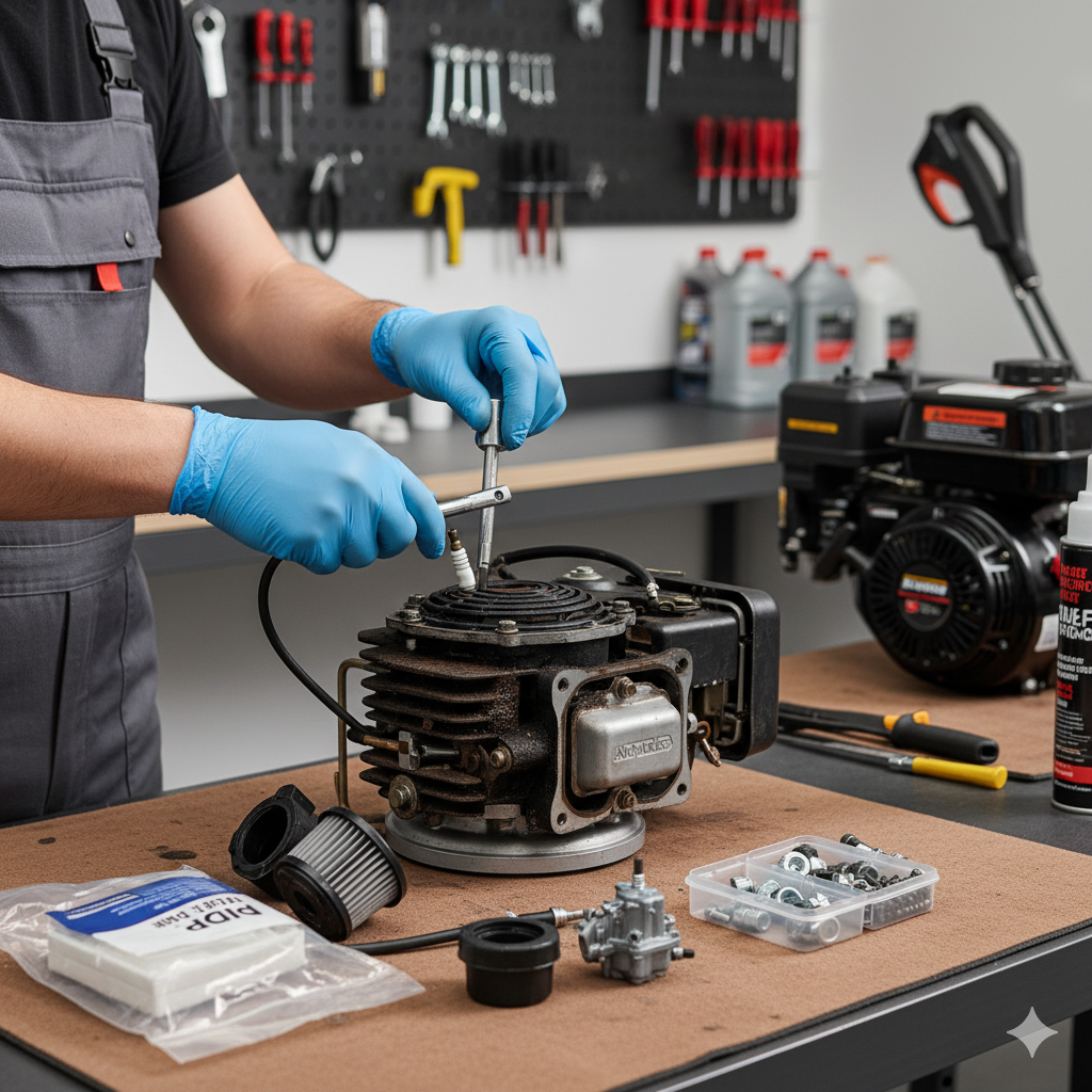 HVAC technician working on an air conditioning unit on a rooftop. He is using a drill.