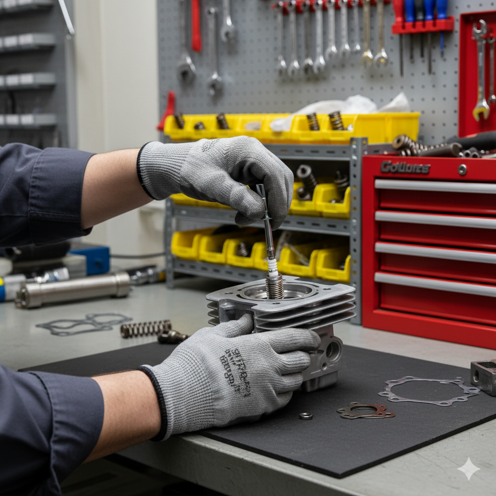Construction tools laid out: measuring tape, drill, level, plans, screwdriver, gloves, and utility knife.
