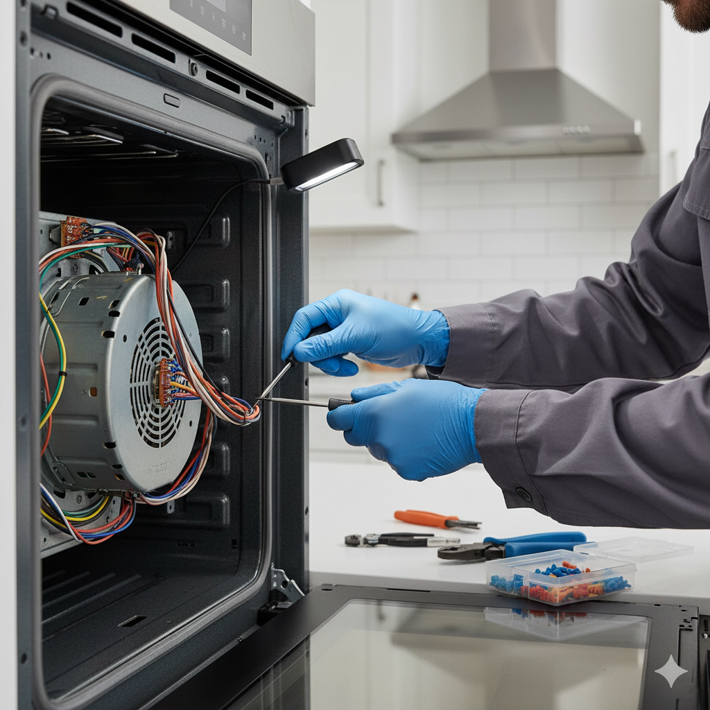 Person soldering a circuit board, holding a soldering iron and a white plastic piece.