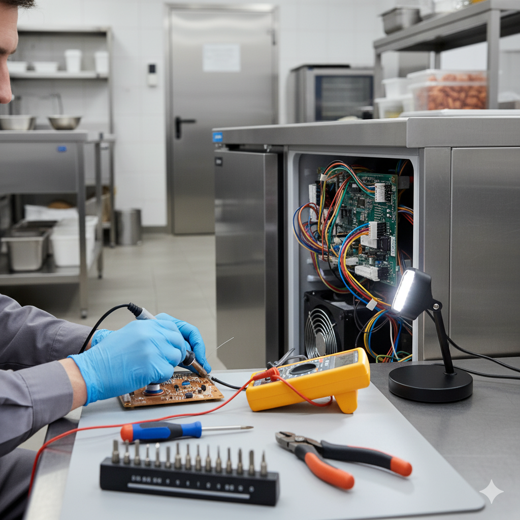 Man in glasses, mask checks air conditioner pressure gauges outside.