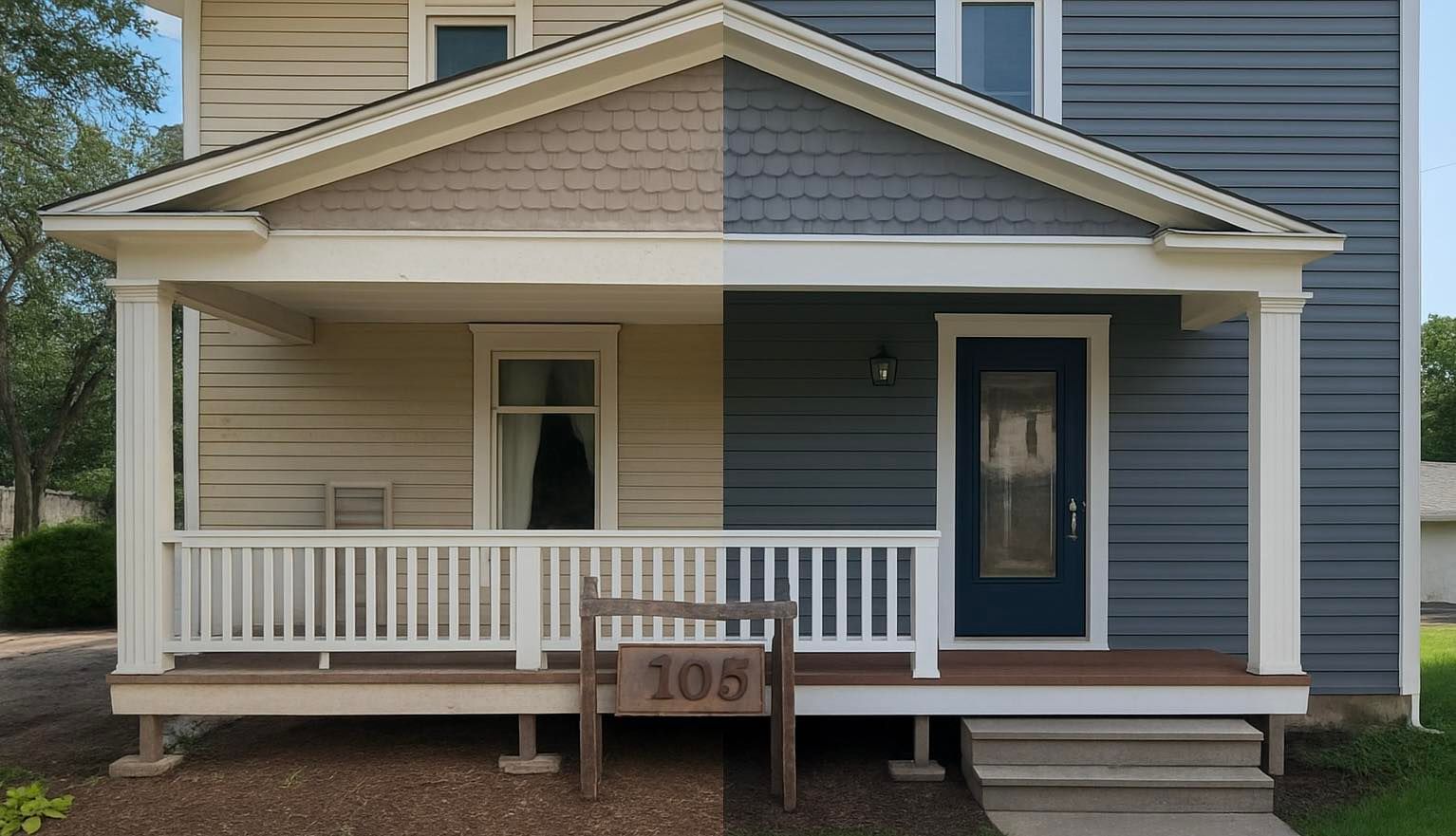 House with porch, half beige, half blue; door, window, sign 