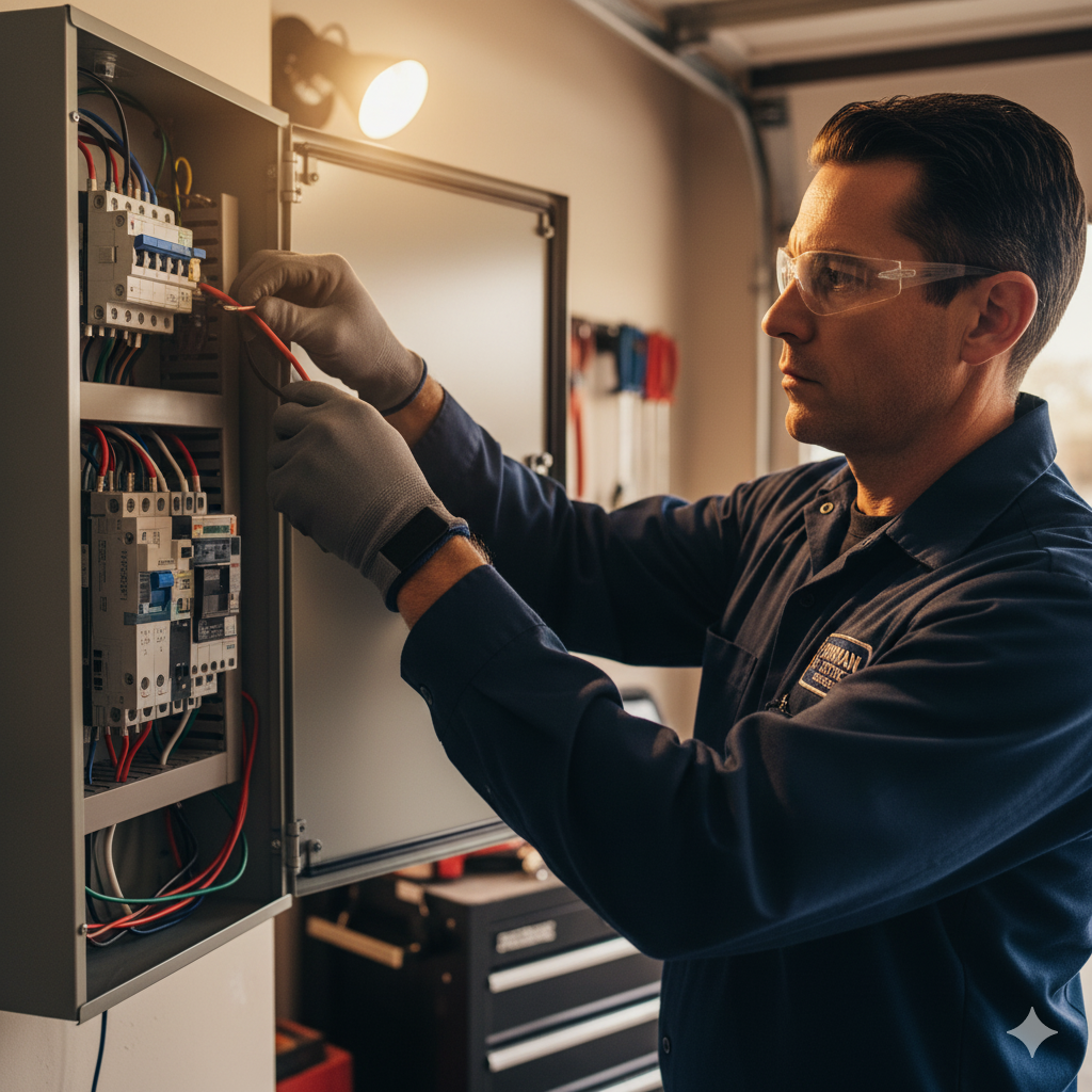 Electrician in safety glasses working on a circuit box in a garage, wearing blue coveralls and gloves.