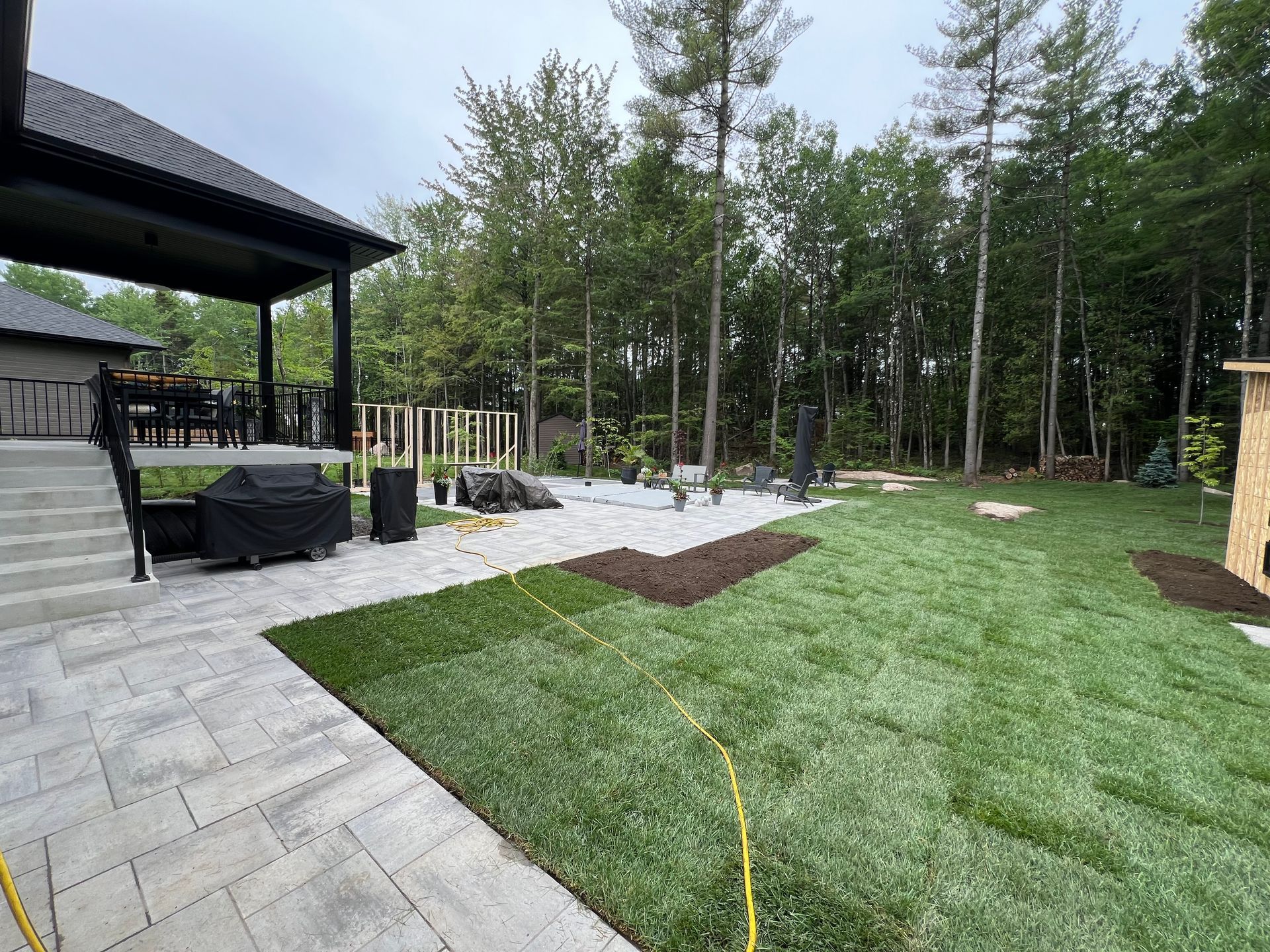 Une grande cour arrière avec un patio et des arbres en arrière-plan.