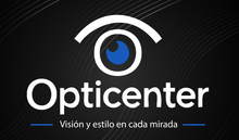 Logotipo de Opticenter con un ojo estilizado y el lema “Visión y estilo en cada mirada” sobre un fondo negro.