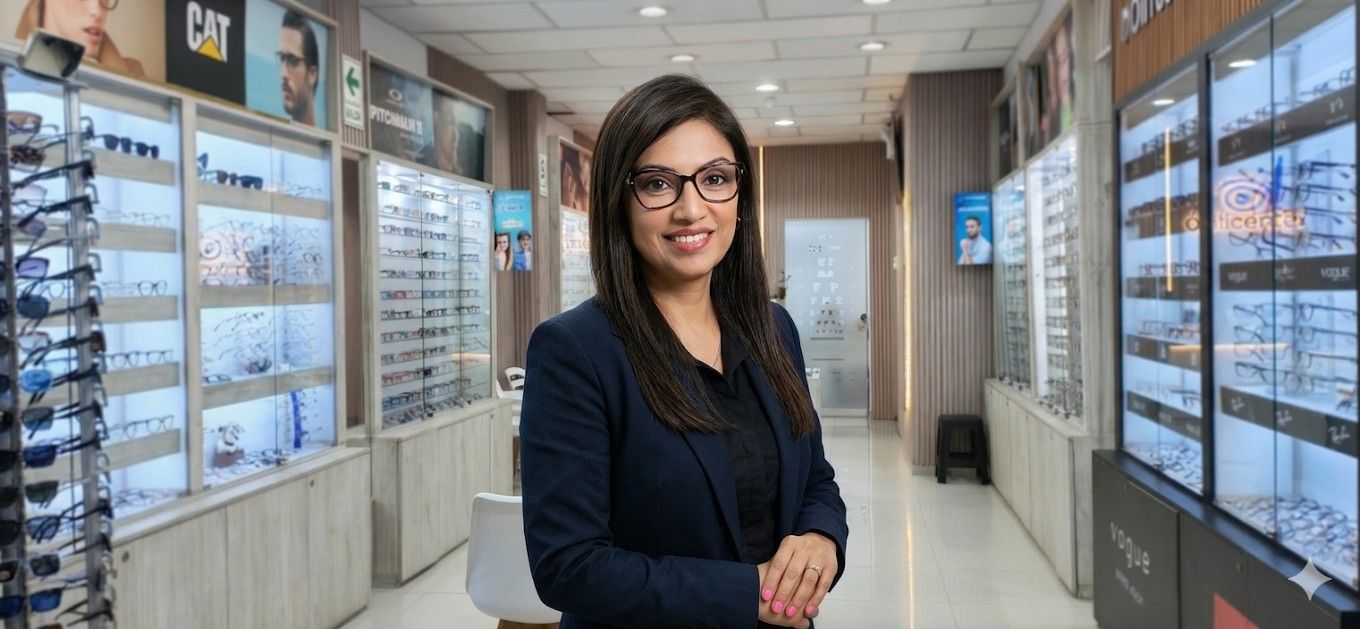 Optometrista ajustando las gafas de un paciente durante un examen ocular en una clínica bien iluminada.