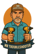 An illustration of a person in a cap and blue shirt holding two yellow power drills, with a "Mr. Troubleshooter" banner.