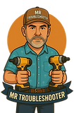 An illustration of a person in a cap and blue shirt holding two yellow power drills, with a "Mr. Troubleshooter" banner.
