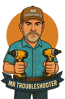 An illustration of a person in a cap and blue shirt holding two yellow power drills, with a "Mr. Troubleshooter" banner.
