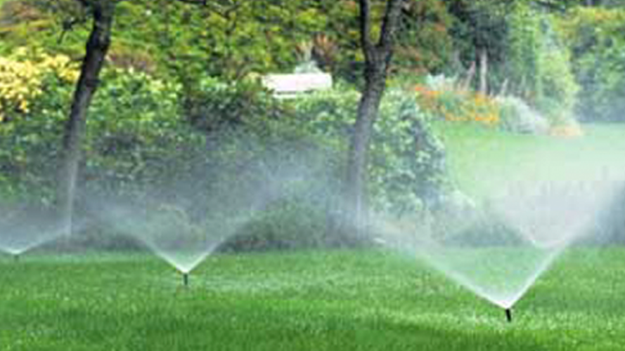 Sprinklers spraying water on a green lawn in a garden with trees and bushes in Fayetteville, NC.