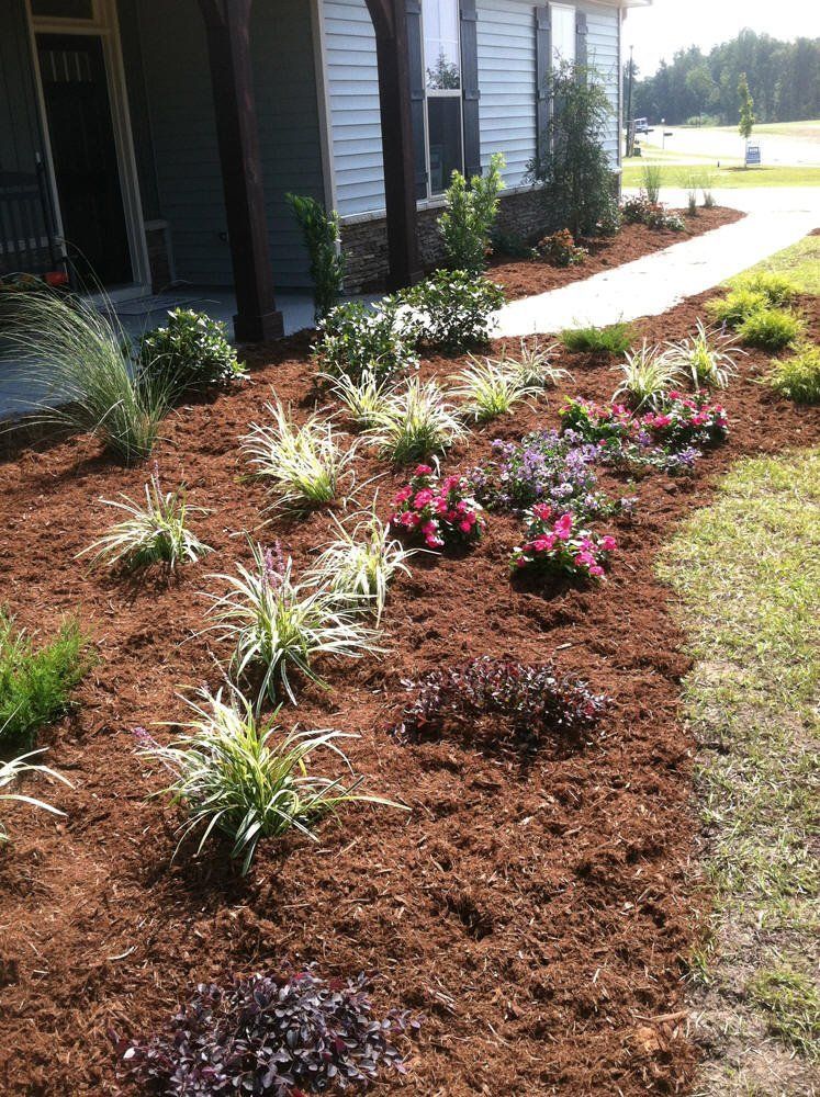 A garden with flowers and mulch in front of a house.