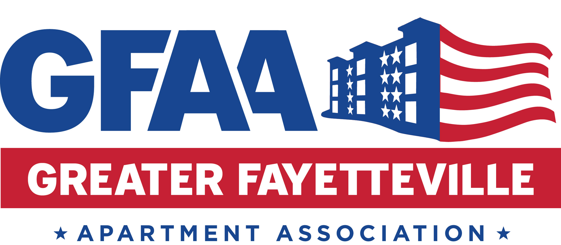 Logo for Greater Fayetteville Apartment Association, with blue letters, red and white stripes.