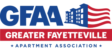 Logo for Greater Fayetteville Apartment Association, with blue letters, red and white stripes.