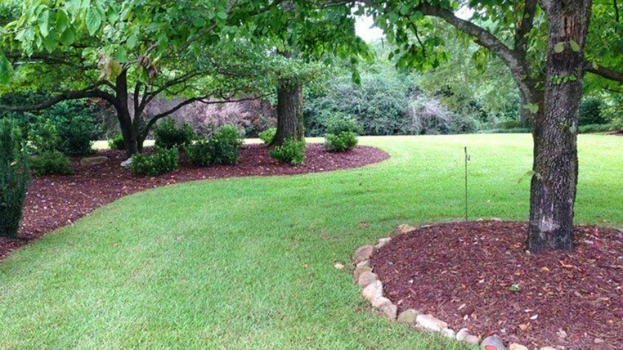 Lush green lawn with trees and mulched garden beds bordered by stones in Fayetteville, NC.