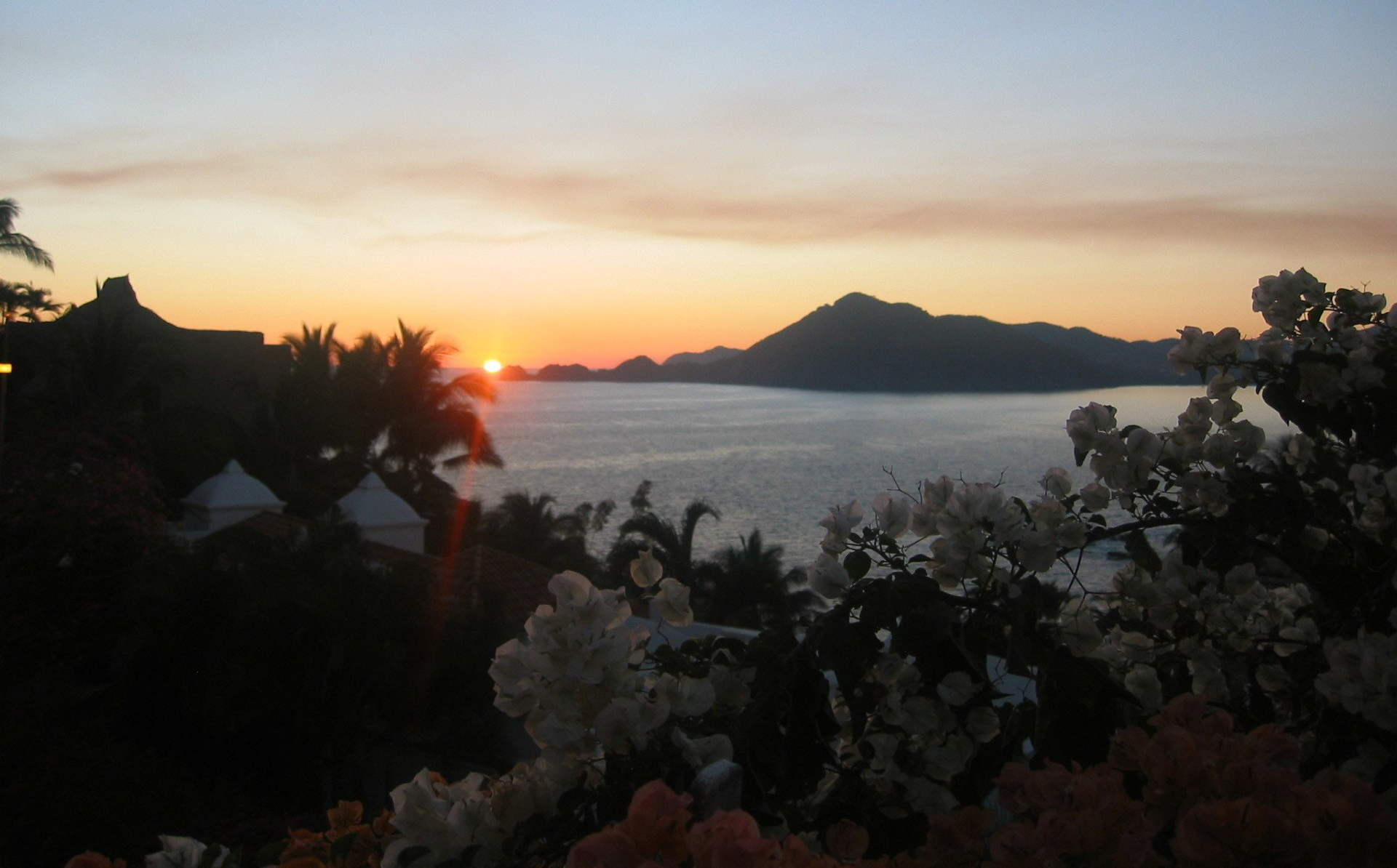 a sunset over a body of water with trees in the foreground