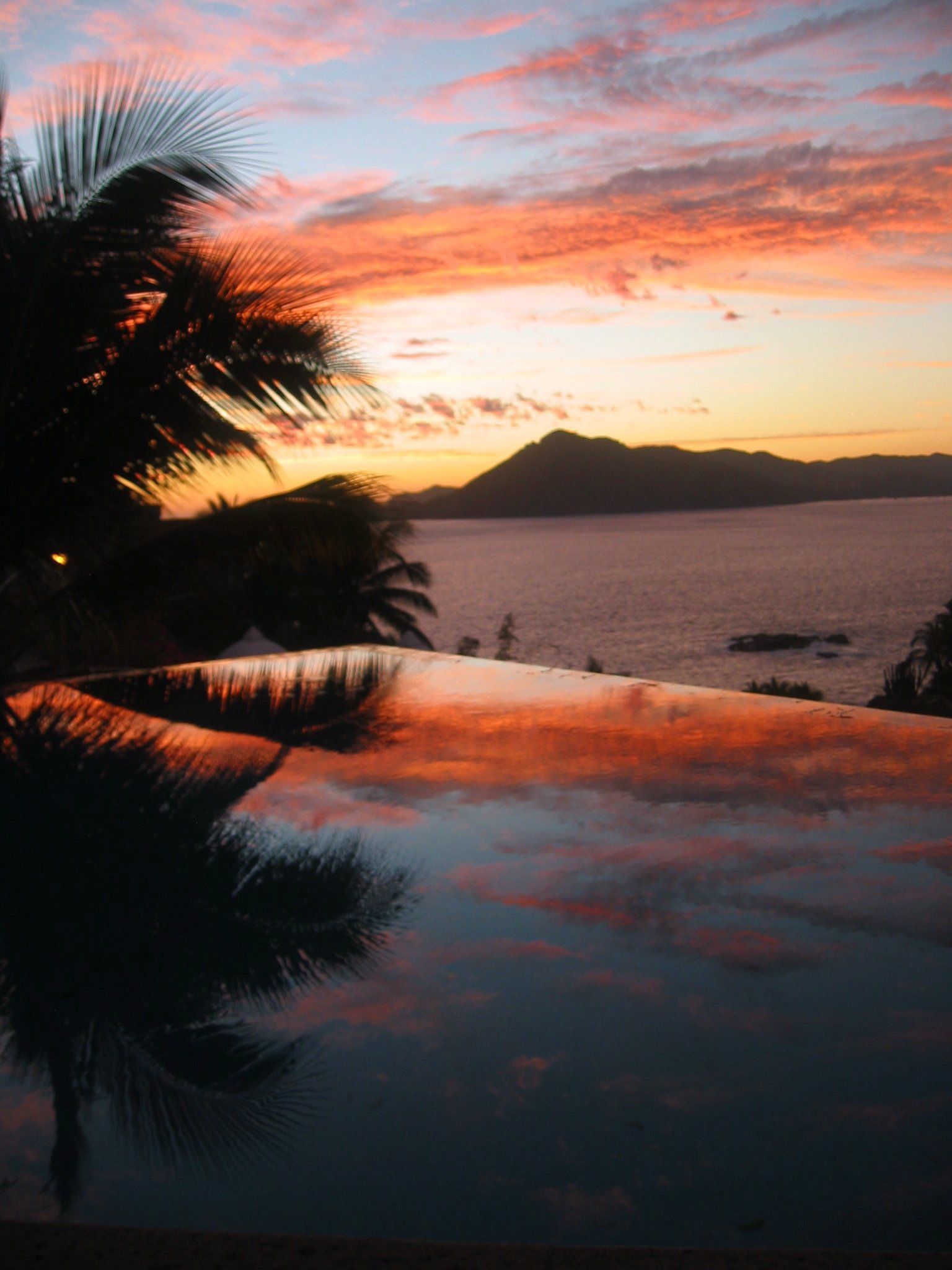 a sunset over a body of water with palm trees in the foreground