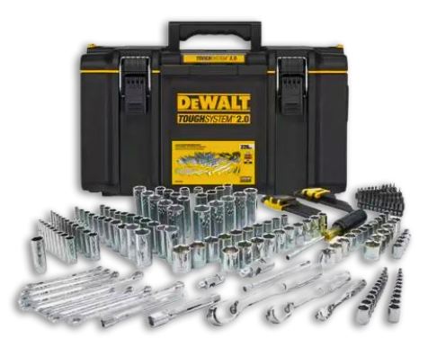 A dewalt toolbox filled with tools and sockets