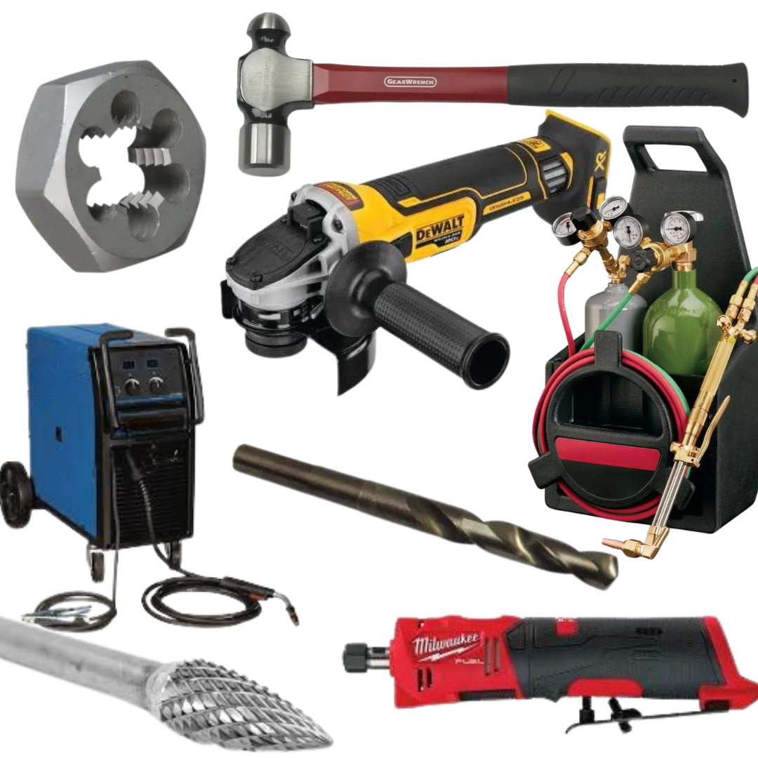 A bunch of tools including a dewalt grinder