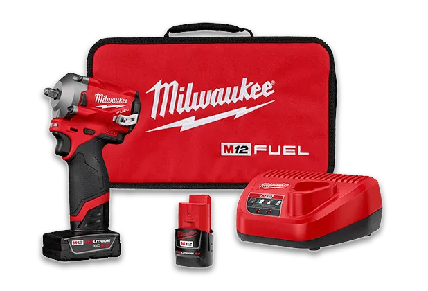 A milwaukee m12 fuel cordless impact wrench with a case and charger