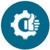 A blue circle with a gear and a hand giving a thumbs up.