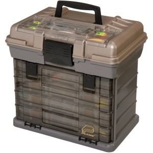 A fishing tackle box with clear drawers and a handle