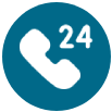 A white phone icon in a blue circle with the number 24 on it.