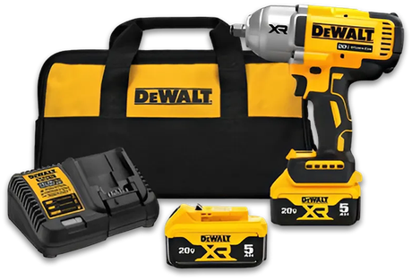 A dewalt cordless impact wrench with two batteries and a charger