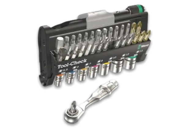 A tool-check socket set with a ratchet next to it