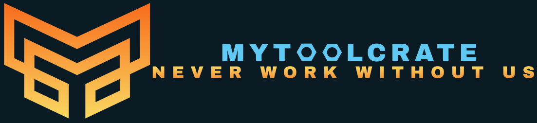 A logo for mytoolcrate that says never work without us