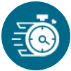 An icon of a stopwatch with a magnifying glass on it in a blue circle.