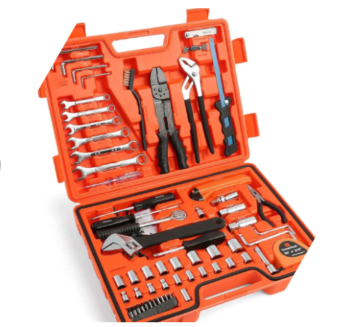 An orange toolbox filled with a variety of tools