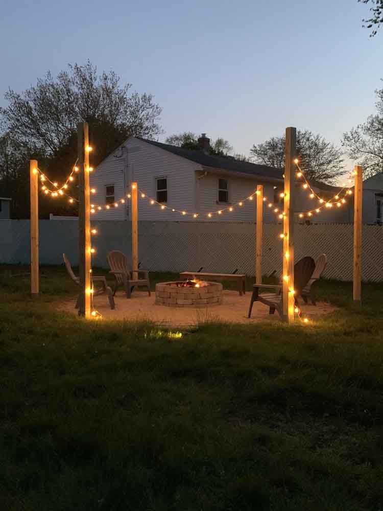 Backyard fire pit area with string lights, wooden posts, and chairs, at dusk.