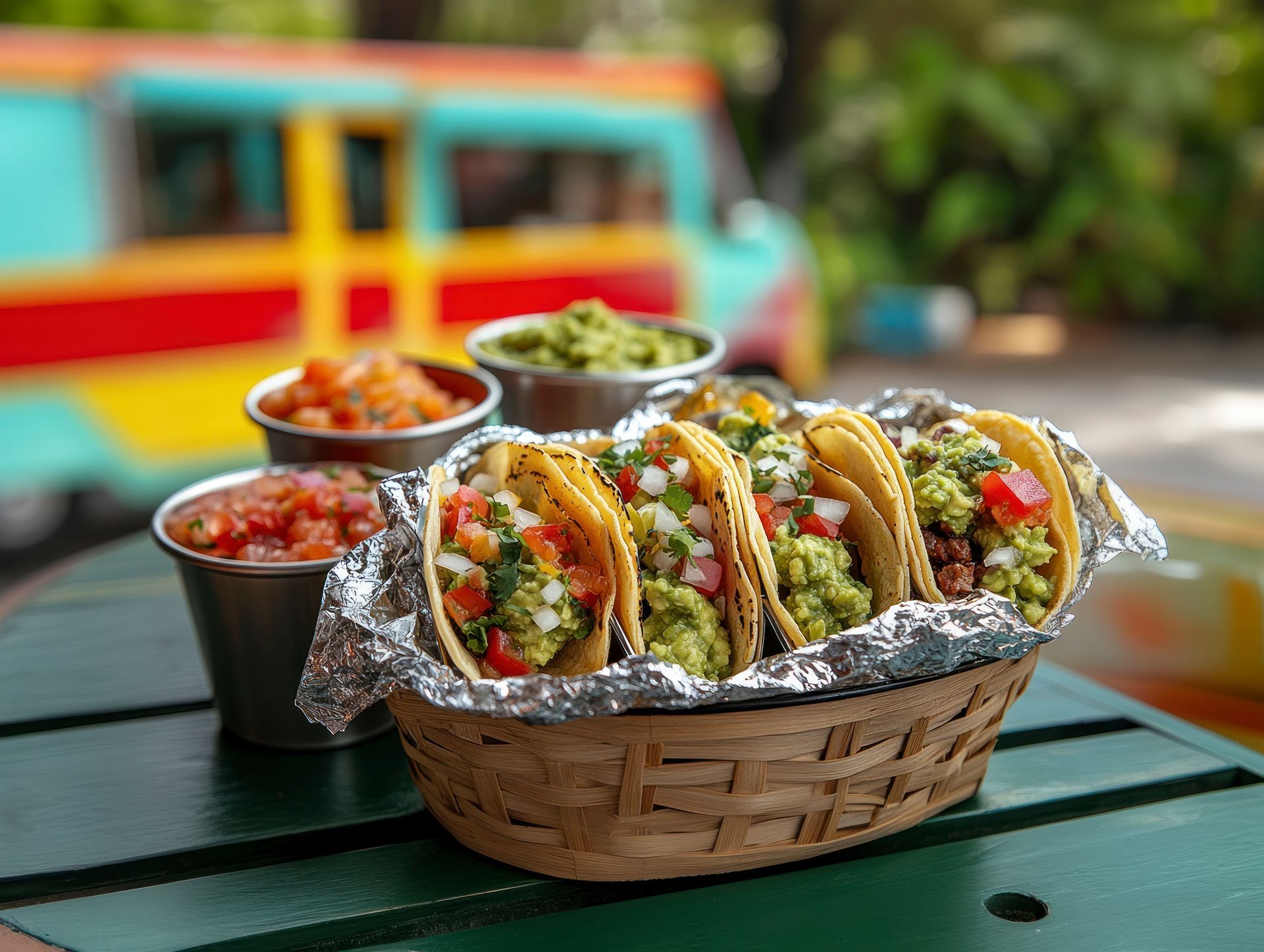A basket of tacos with guacamole and salsa on a table.
