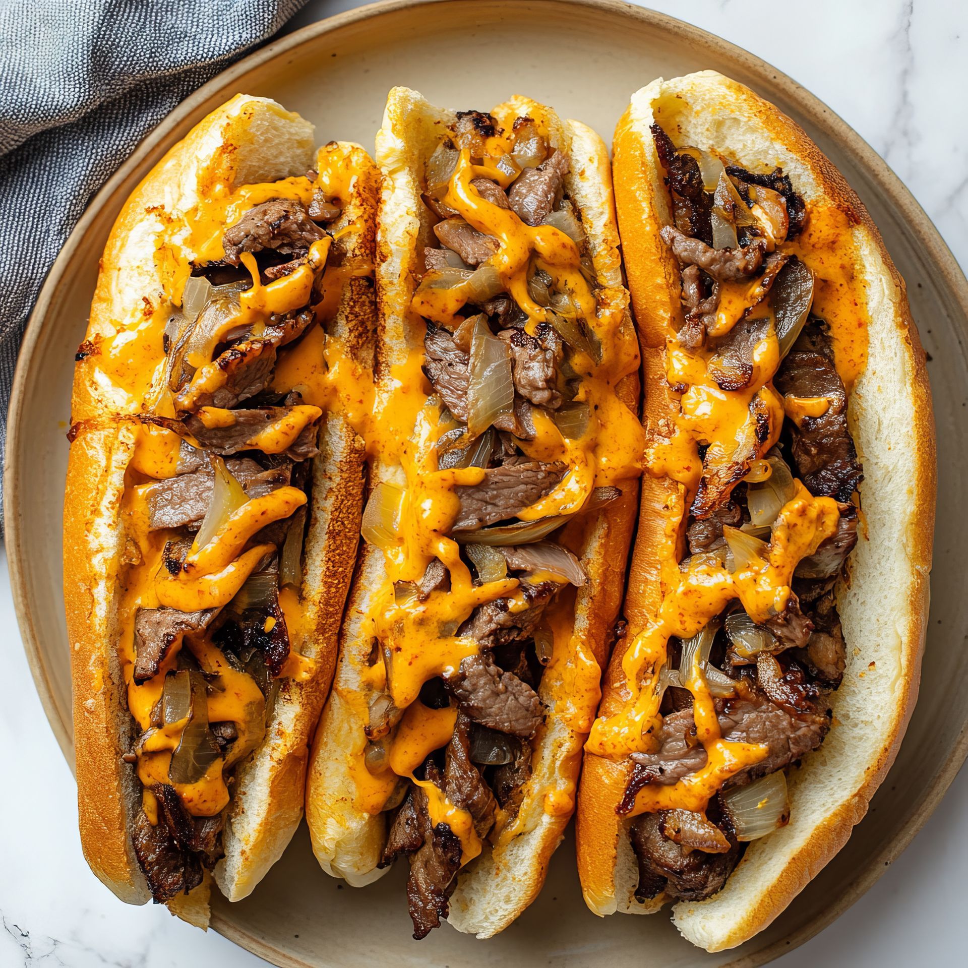 Three steak sandwiches with cheese and onions on a plate.