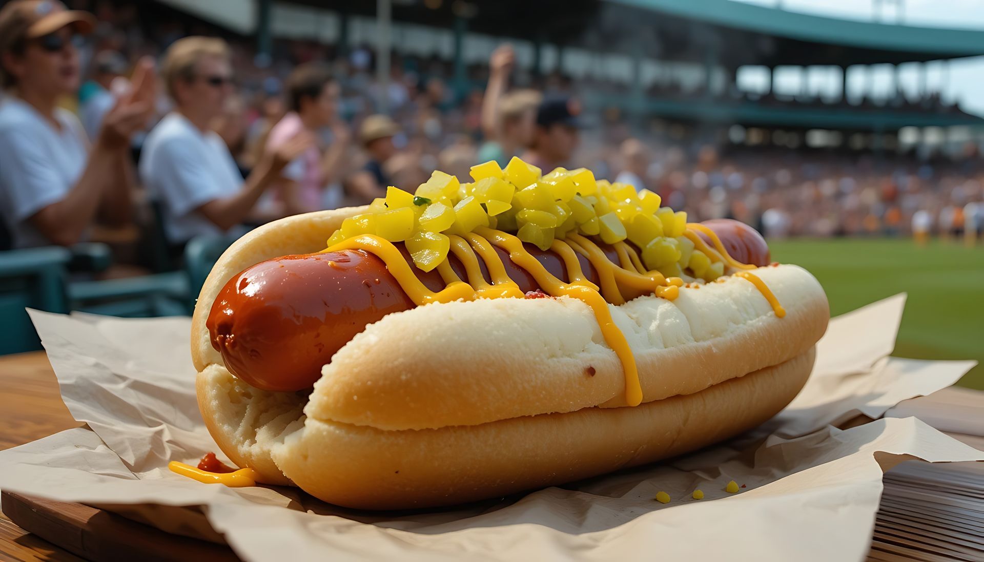 A hot dog with mustard and pickles is sitting on a table at a baseball game.