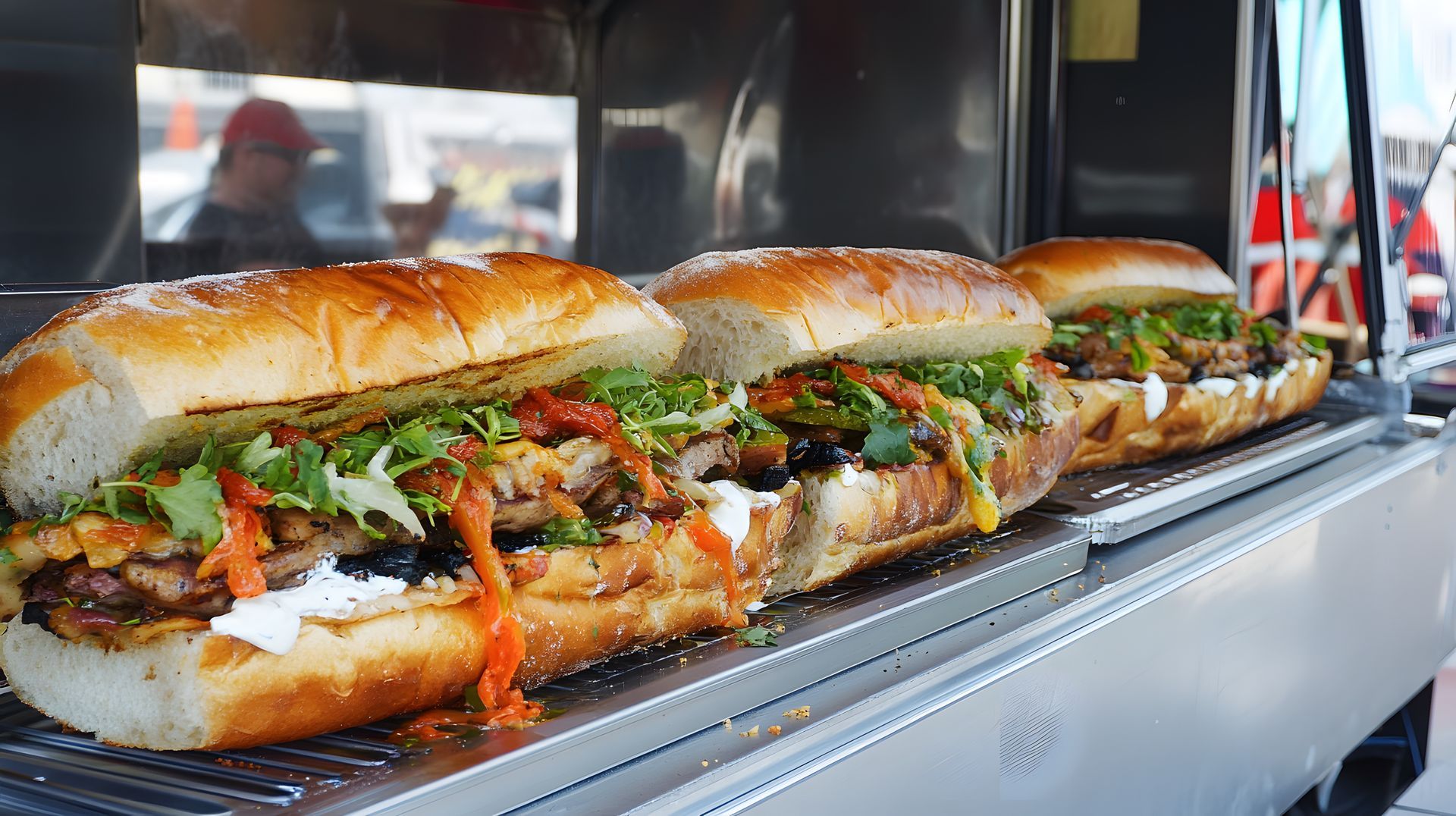 A row of sandwiches sitting on top of a grill on a food truck.