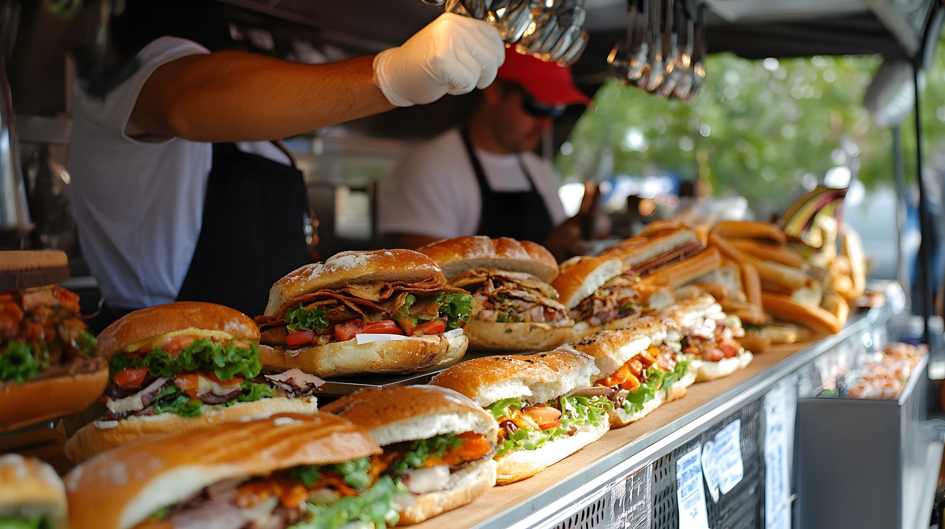 A man is preparing sandwiches at a food truck.