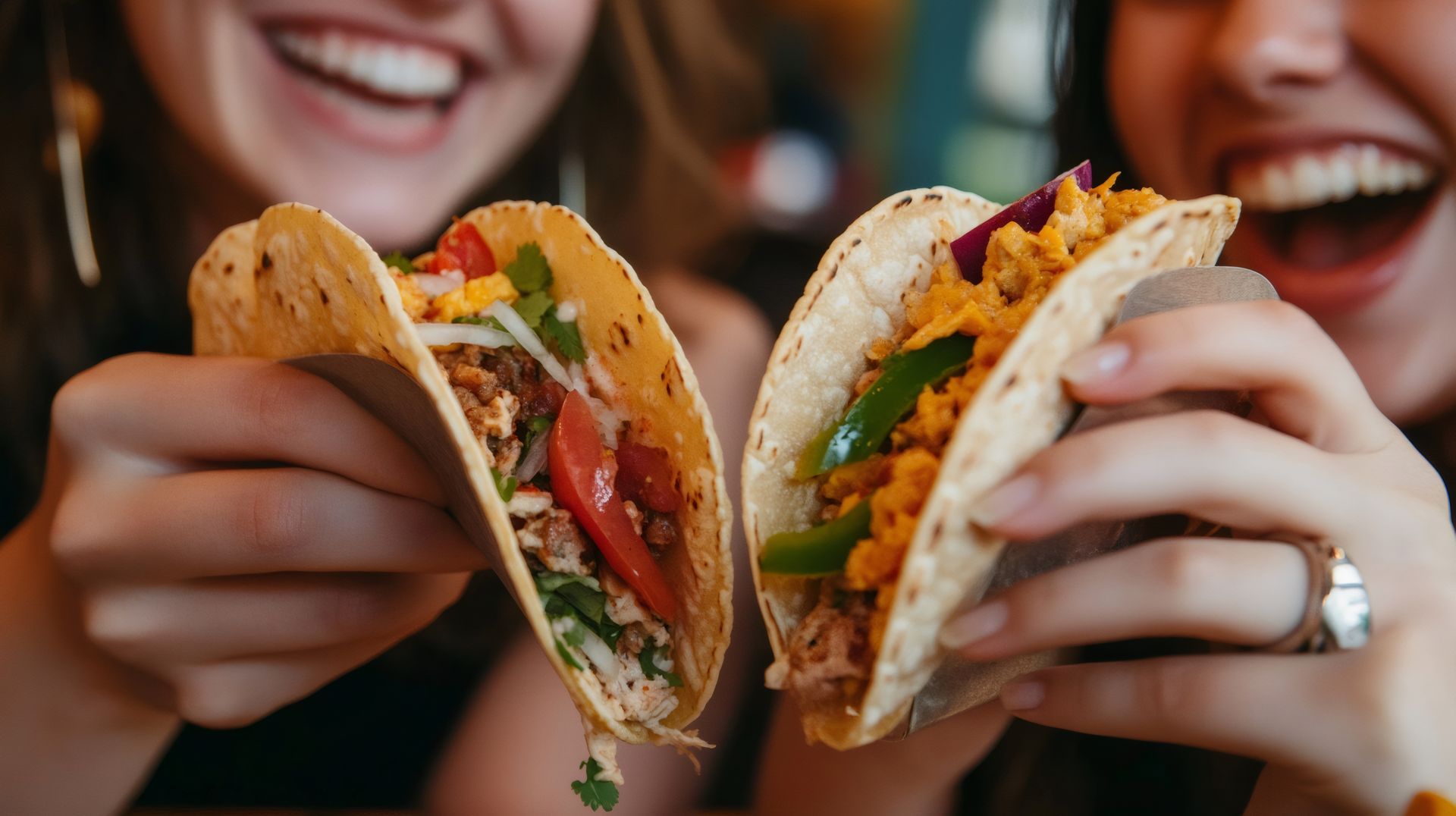 Two women are eating tacos together in a restaurant.