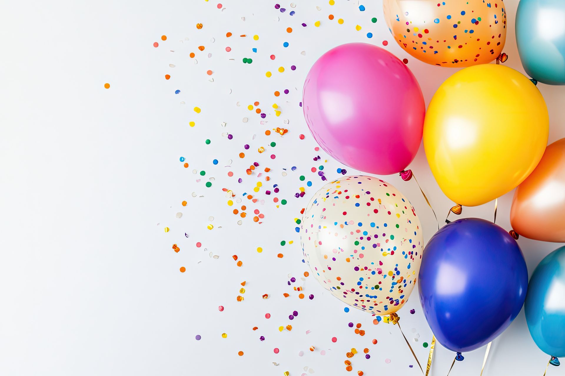 A bunch of colorful balloons and confetti on a white background.