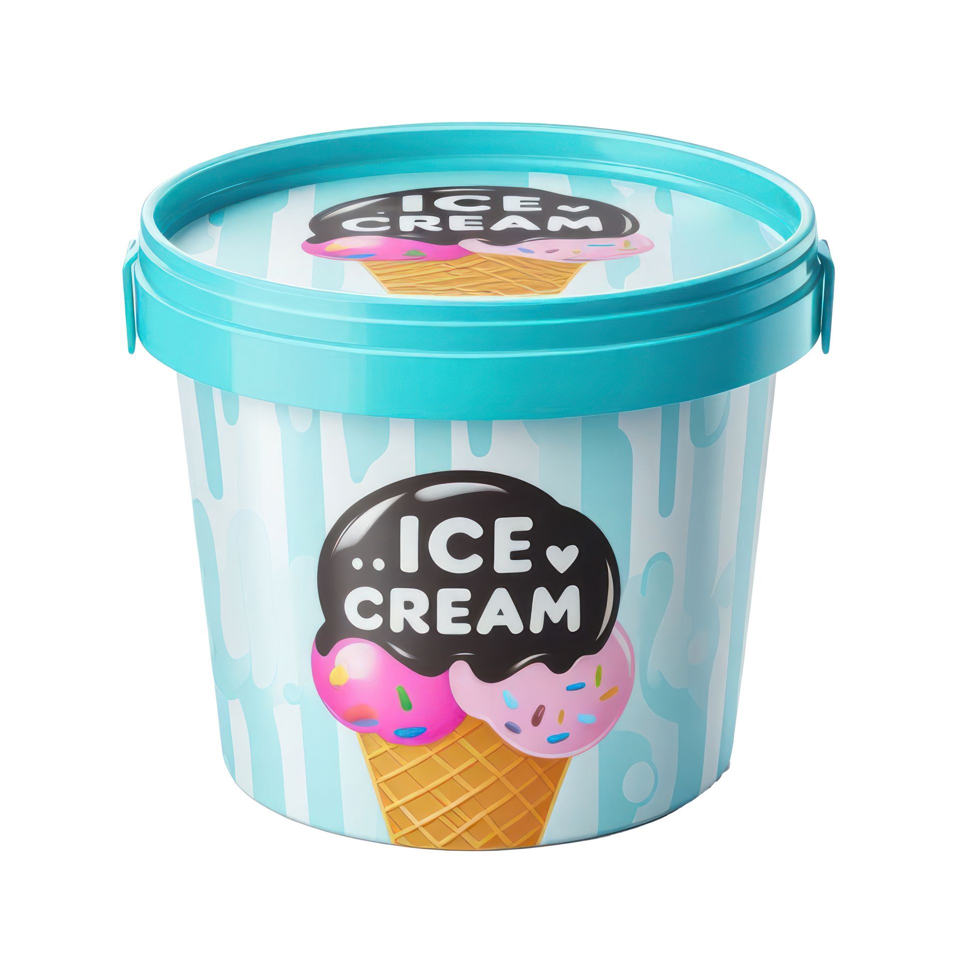 A bucket of ice cream with a picture of an ice cream cone on it.