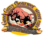 A logo for guys gourmet street eats big on flavor