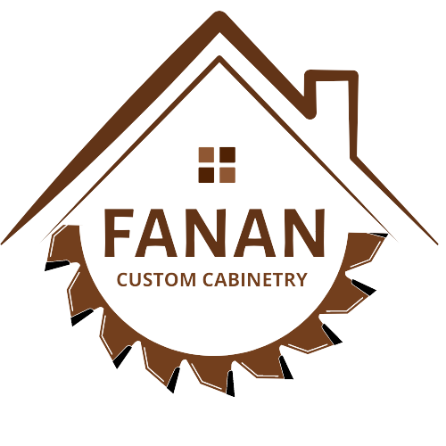 A fanan custom cabinetry logo with a house and a saw blade
