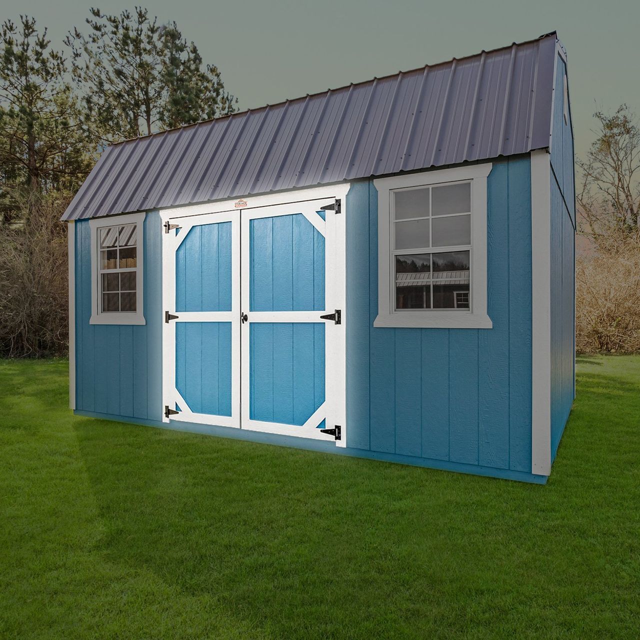 A blue shed with a black roof and blue doors