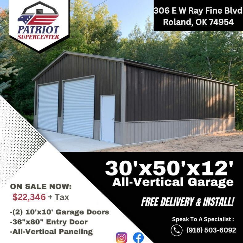 An advertisement for a 30 x 50 x 12 all vertical garage
