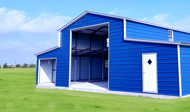 A blue barn with a white door is sitting on top of a lush green field.