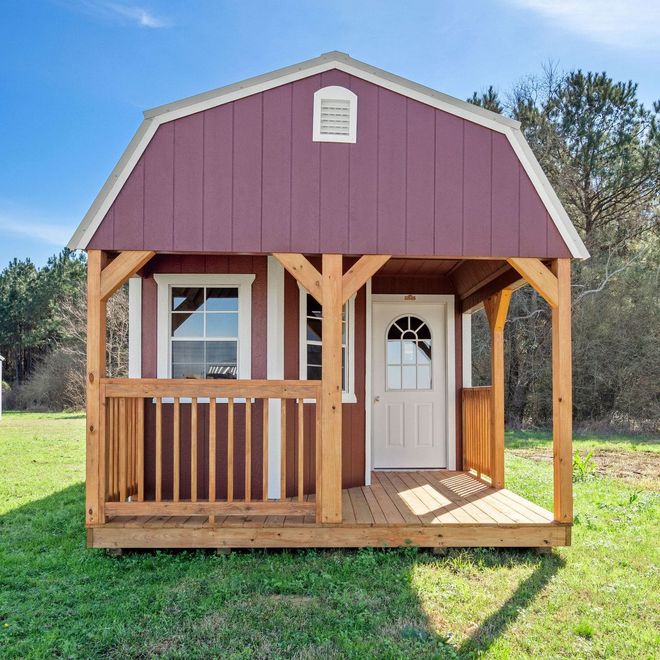 Sage Green Cabin with Wood Porch at Patriot Supercenter